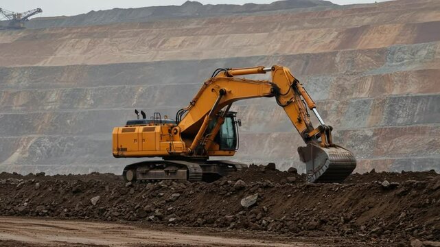 Excavator Digging Soil at Surface Mine Daytime Industrial Work