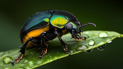 Naklejka premium Closeup Of Vibrant Green And Gold Beetle On Wet Leaf