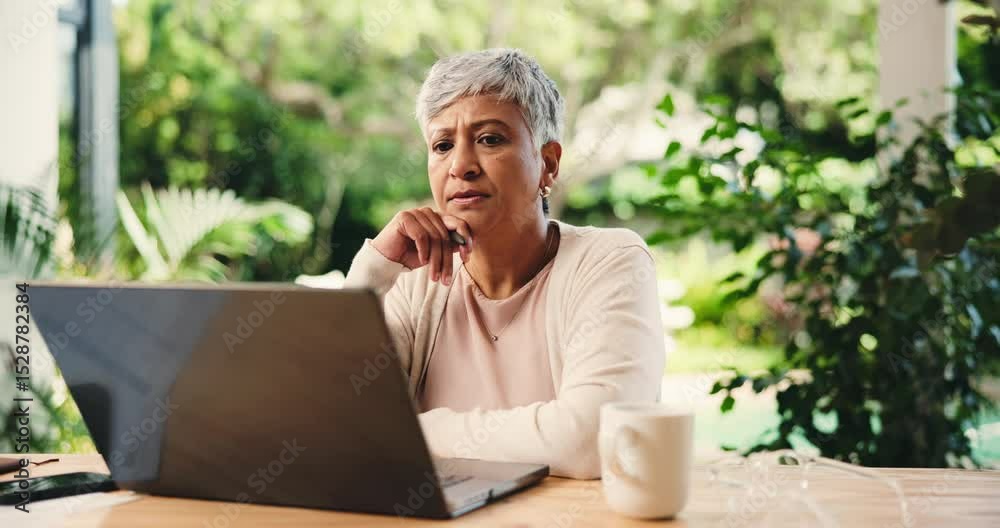 Aufkleber mature woman, laptop and remote work from home with thinking, review or administration in morning. p