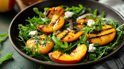 Grilled peach and arugula salad with crumbled goat cheese and red onion, served in a dark bowl