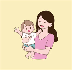 A woman huging a baby and waving and greeting her. minimal line illustration.