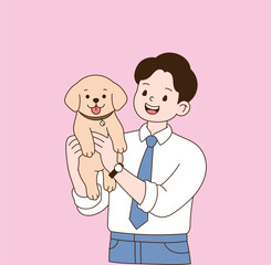 The man holding the puppy and smiling. minimal line illustration.