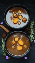 Two bowls of dark soup with tofu and vegetables
