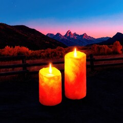 Two candles against a mountain sunset