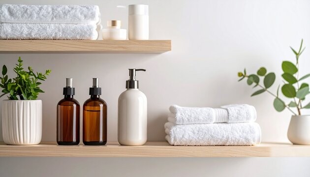 Bathroom shelf with skincare bottles and towels, soft neutral tones, modern