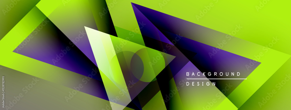 Poster abstract geometric design. vivid green, purple hues blend. modern style, dynamic composition, gradie