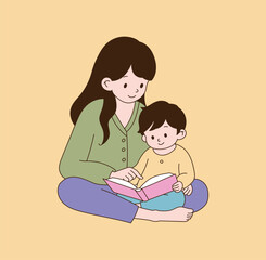 A mother who reads a book with her child. minimal line illustration.