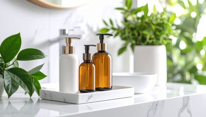 Skincare bottles on white marble sink, soft lighting, aesthetic clean beauty