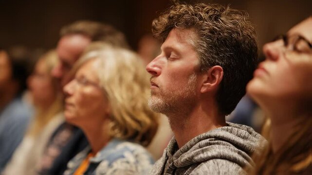 Image of a group of people, each with varying expressions of contemplation, as they listen intently to Jesus teachings about righteousness and living a life of faith.