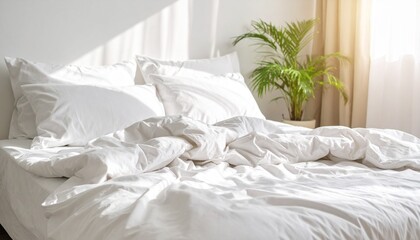 White bed with crumpled sheets and morning sunlight, cozy modern lifestyle