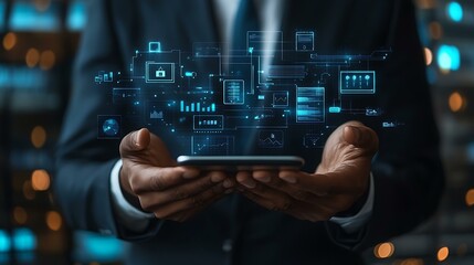Obraz premium Businessperson managing synchronized smart devices from phone using central control platform Smart Home Ecosystems with Seamless Connectivity Cloud-Synced Cross-Platform Smart Devices