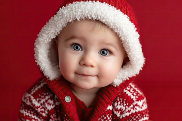a cute baby boy in a Santa Claus costume sitting on a red background
