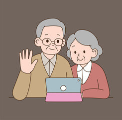 An old couple who use a laptop while looking at it together. minimal line illustration.
