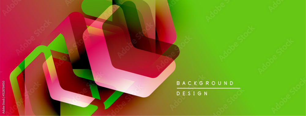 Poster abstract geometric shapes overlap, creating vibrant color gradients. green dominates right side, red