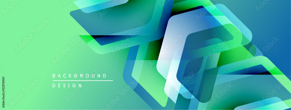 Poster abstract geometric shapes overlap, creating dynamic visual effect. green, blue hues dominate design,