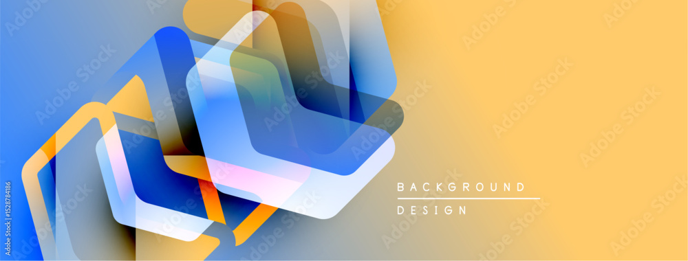 Poster Abstract geometric shapes overlap, creating dynamic visual effect. Blue, orange, yellow hues blend smoothly. Modern design element.