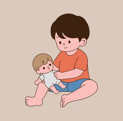 A child playing with toys, dolls. minimal line illustration.