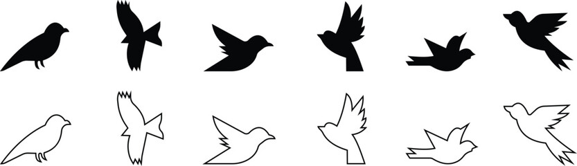 Birds icon set, Flying birds, animals, black silhouette, monochrome bird logo, abstract sticker on house wall or glass, Printable, protect birds from impact vector symbols, template designs art 