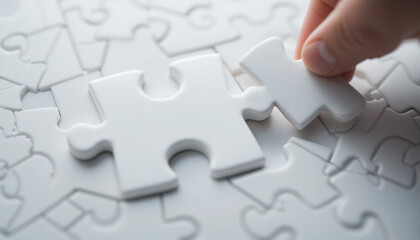 Hand Inserting a White Puzzle Piece into an Empty Space on a White Puzzle Background