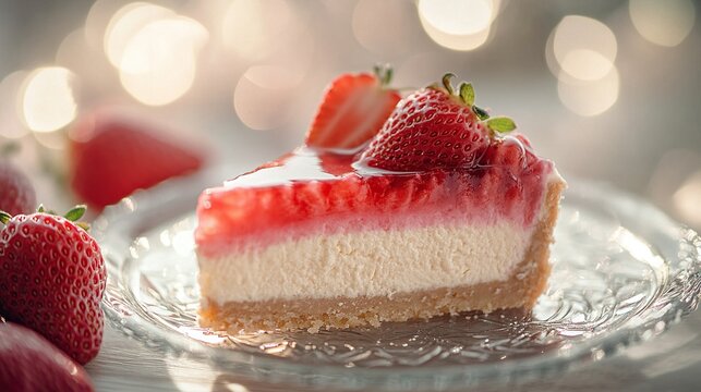 A slice of strawberry cheesecake, glistening with a red glaze, sits on a clear glass plate.  Fresh strawberries are in the foreground.  A bokeh effect suggests a festive background - Powered by Adobe