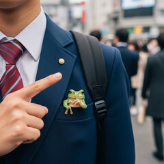 「しーっ！」制服のポケットから顔を出すアマガエル