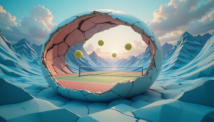 Surreal 3D Tennis Universe in a Cracked Sphere