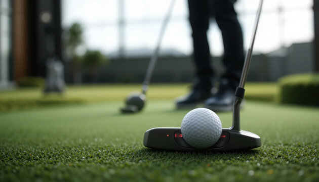 Close-Up of Golf Ball on Putting Green with Golfer in Background Practicing Their Swing Technique Indoors