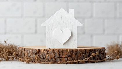 Charming wooden house with a heart symbol on a rustic wooden slice, perfect for home decor and love-themed settings
