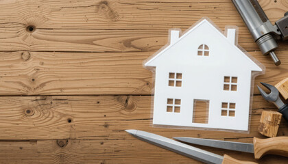 Tools and Template for Home Construction on Wooden Surface with Housing Concept and Workshop Equipment