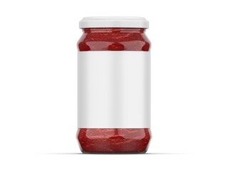 Fresh tomato puree jar mockup, tomato paste bottle with label on isolated white background, 3d illustration