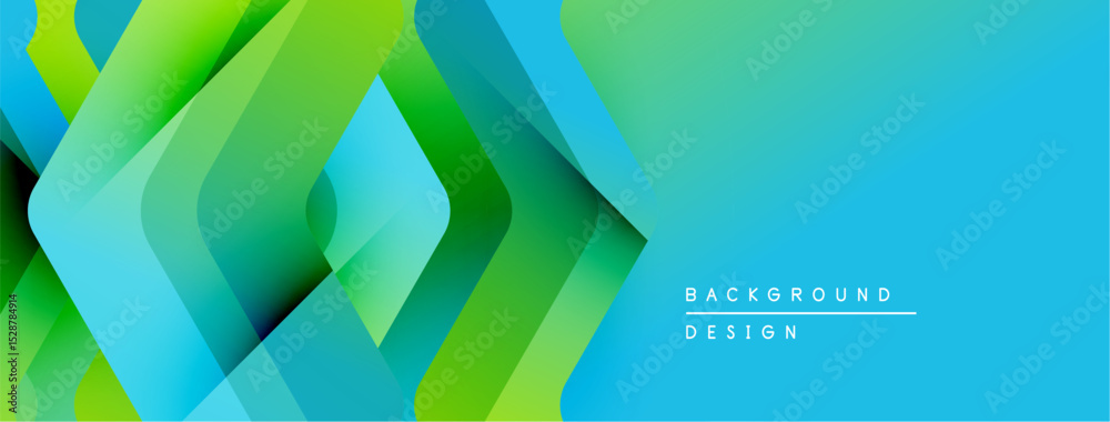 Poster abstract geometric layers create vibrant gradient effect. blue, green hues dominate composition, sug