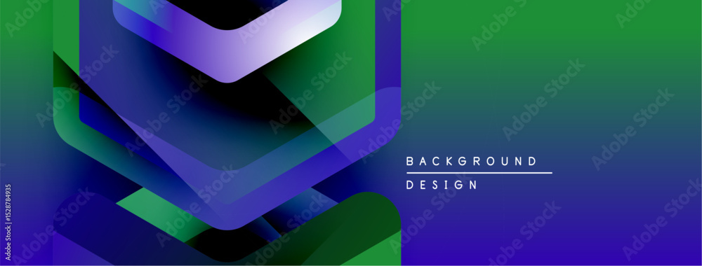 Poster abstract geometric shapes overlap, creating vibrant gradients. modern design features blue, purple, 
