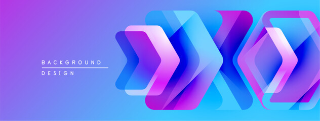 Abstract geometric shapes overlap, creating vibrant purple, blue gradient effect. Modern design suitable for backgrounds, banners.
