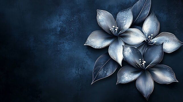 Silver Art Deco flowers intertwined with angular geometric patterns, set against a navy blue backdrop, delicate glow creating an elegant vintage vibe. Created Using: vector art, Art Deco movement,