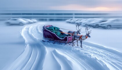 Winter sleigh scene in snowy parking lot