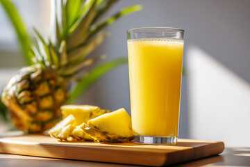 pineapple juice in a tall clear glass with yellow color, next to it are fresh pineapple pieces, placed on a wooden table with natural lighting from the side,  ai generated images.