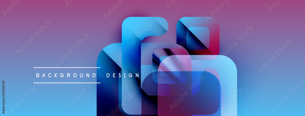 Poster Abstract geometric shapes overlap. Gradient background transitions from blue to purple. Text reads background design. Modern visual presentation.