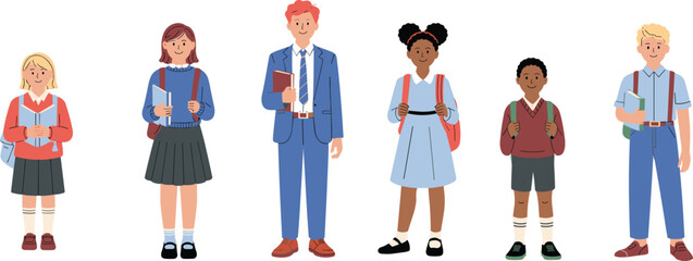 Diverse Students and Teacher Illustration: School Attire, Educational Characters for Creative Projects  flat vector illustration