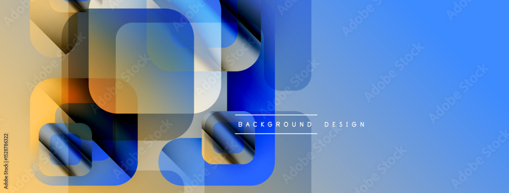 Poster abstract geometric shapes overlap, creating vibrant blue, orange gradients. modern design elements s