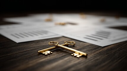 Two golden keys crossing on dark wooden table symbolizing business merger and company acquisition, corporate takeover and partnership concept.	