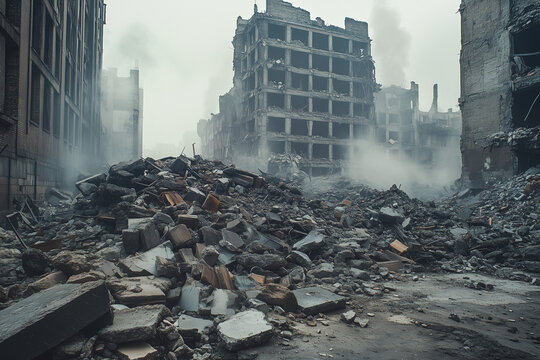 Debris from a crumbled building lies scattered across the ground, set against a somber gray sky. - Powered by Adobe