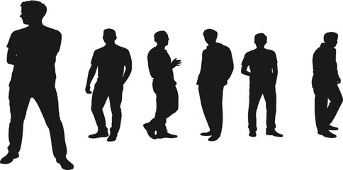 Silhouette of standing men, male shadow figures, human outline illustration, group pose, casual man poses, black male silhouette design  flat vector illustration