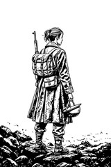 Woman Soldier from Behind – Reflective War Scene in Black and White