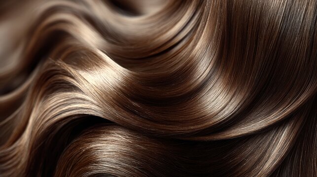 Close-up of beautiful, silky brown hair flowing in soft waves.