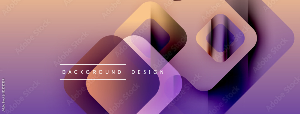 Poster abstract geometric shapes overlap, creating vibrant purple, orange gradients. modern design element 