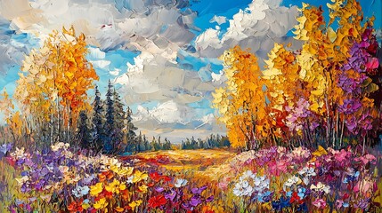 A painterly spring meadow, loosely rendered wildflowers in vivid hues, impressionistic brushstrokes, glowing sunlight filtering through clouds, artistic and expressive mood.