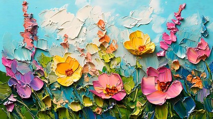 A painterly spring meadow, loosely rendered wildflowers in vivid hues, impressionistic brushstrokes, glowing sunlight filtering through clouds, artistic and expressive mood.