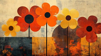 Abstract 70s floral collage, bold flat flowers overlapping in orange, yellow, and brown, on a textured canvas backdrop, playful and artsy vibe. Created Using: mixed media, retro collage, Photoshop,
