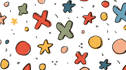 Colorful Abstract Pattern with Stars, Circles and Crosses on Transparent Background, PNG