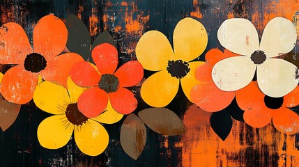 Abstract 70s floral collage, bold flat flowers overlapping in orange, yellow, and brown, on a textured canvas backdrop, playful and artsy vibe. Created Using: mixed media, retro collage, Photoshop,